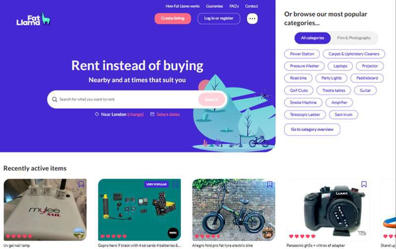 Fat Llama — Peer-to-peer rentals — category-heavy browsing with listing flows for lenders.