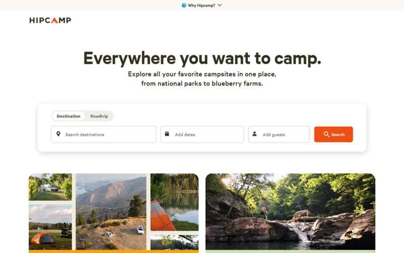 Hipcamp — Outdoor-stay marketplace with a search-first hero and host acquisition funnels.